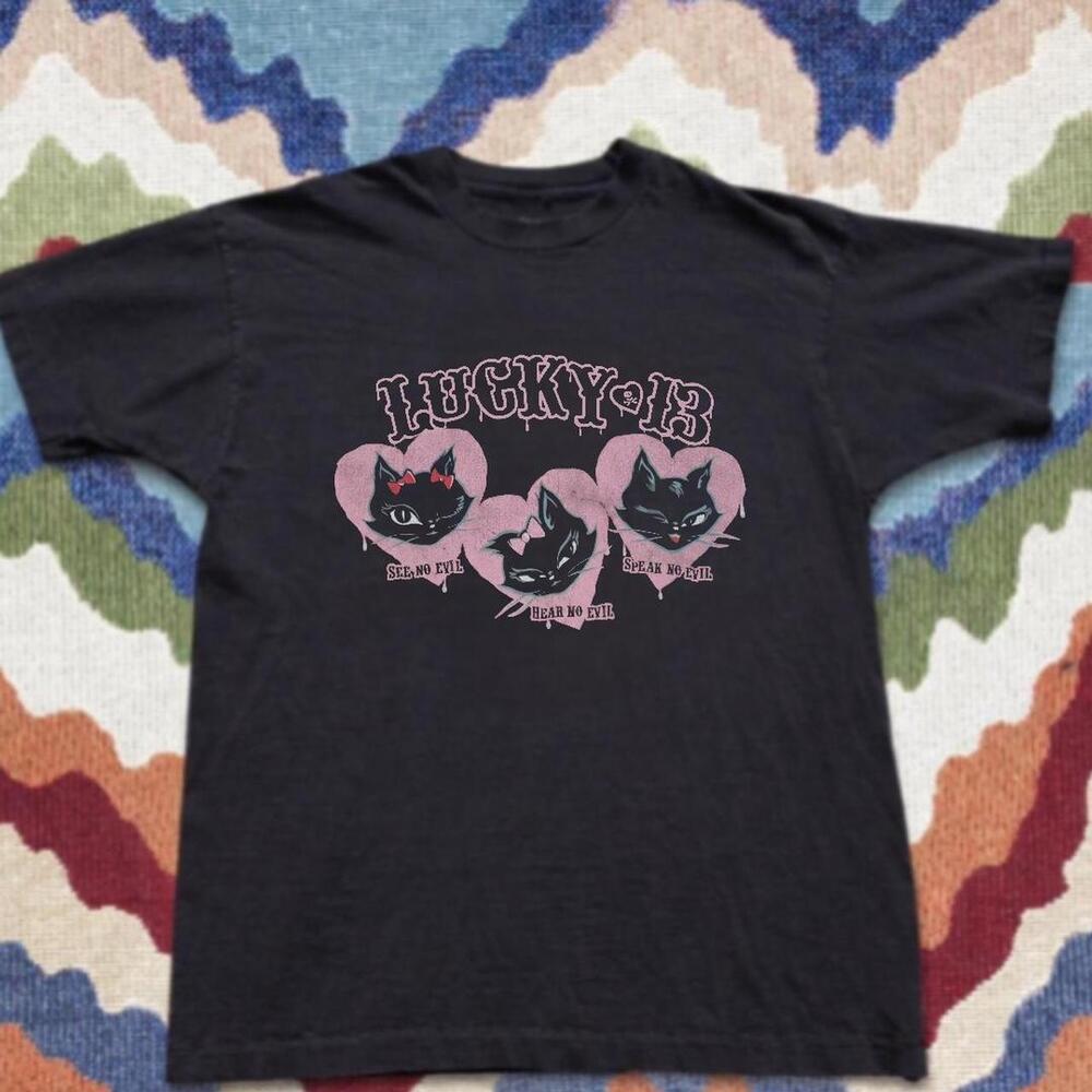 Black Lucky 13 Cat Tee, Gildan-Reprint Lucky13